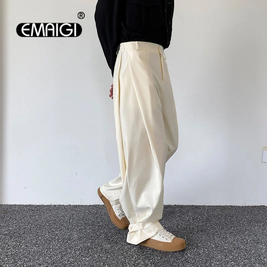 Casual Pants Men Foot-adjustable Folds Japan Korean Streetwear Fashion Loose