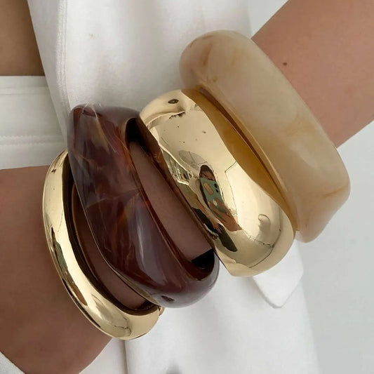 IngeSight.Z 3 Styles Vintage Irregular Resin Bangle Bracelets Women Punk Geometric Wide Metal Bracelet Chunky Party Jewelry Gift