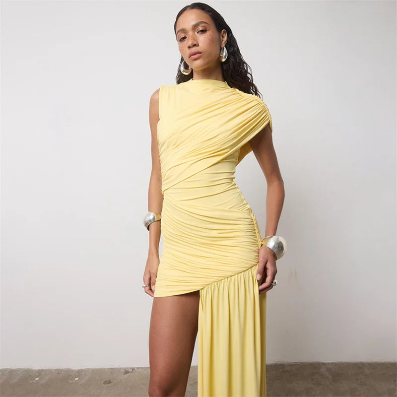 Balitops Summer Draped Ruched Sexy Mini Dress Women 2025 New Irregular High Waist Slim Fit Dress Female Elegant Club Tank Dress