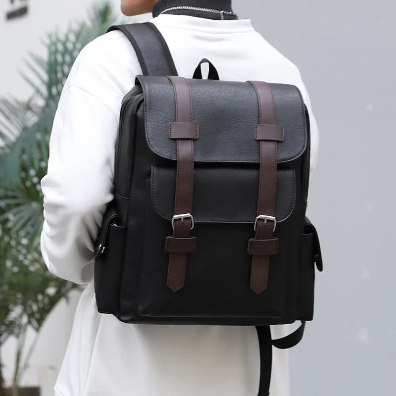 2023 Men Backpack PU Leather Bagpack Large Laptop Backpacks Male Mochilas Black Schoolbag For Teenagers Boys Brown Sac A Dos