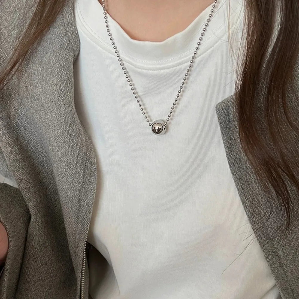 Personality Design Silver Color Stainless Steel Beaded Ball Pendant Necklace for Women Double Layer Hip Hop Rock Chokers Jewelry
