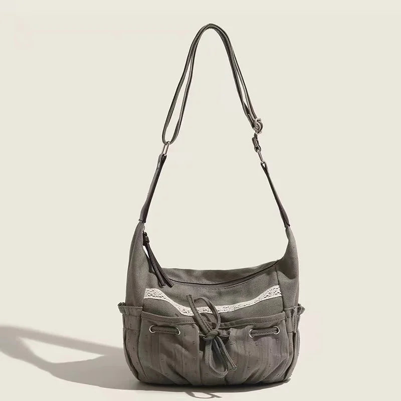 Sweet Cool Bow Canvas Shoulder Bags Women Vintage Drawstring Chic Casual
