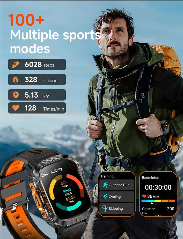 2025 New Military Outdoor Smart Watch Men's GPS Flashlight Bluetooth Call 2.01" AMOLED Screen 3ATM Waterproof Sports Smartwatch