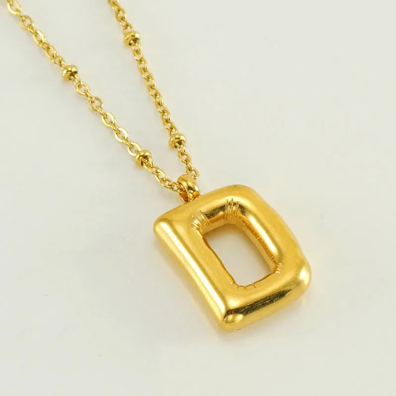 Vintage Stainless Steel Balloon Bubble Chunky Letter Necklace for Women 18K Gold