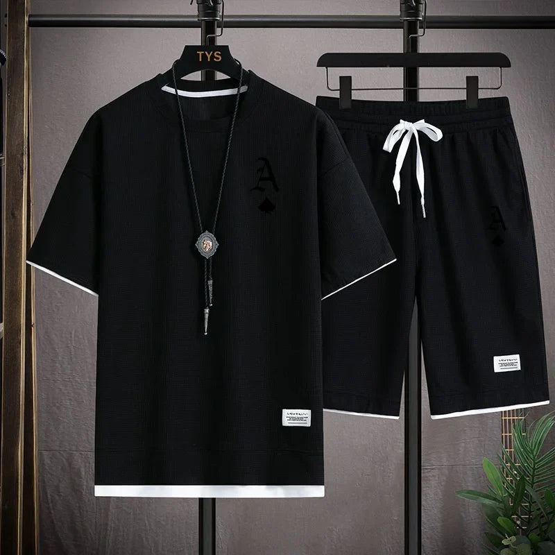 Fashionable casual men's sports suit short-sleeved T-shirt and outdoor summer sports shorts two-piece set daily casual