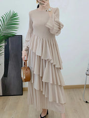 Pleated Women Dress Women Full Flare Sleeve A Line Spliced Ruffles Round Collar