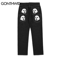 Hip Hop Gothic Denim Pants Streetwear Mens Graphic Print Baggy Punk Rock Jeans