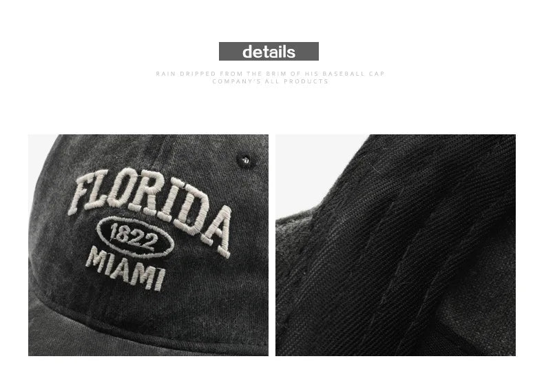 Vintage Washed Cowboy Baseball Cap for Men Women FLORIDA Embroidery Sun Cap Casual Snapback Hip Hop Hat Curved Brim Soft Top Hat