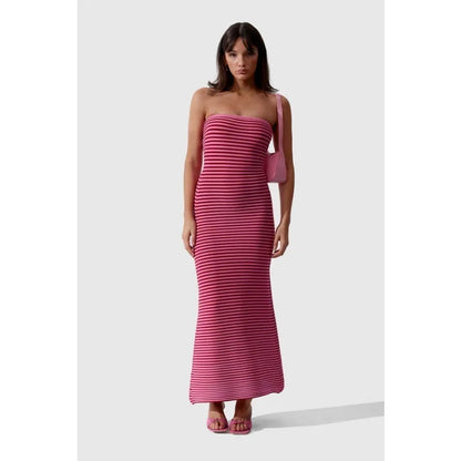 Women Knitted Stripe Elegant Maxi Dress Sexy Backless Sleeveless Bodycon Summer Dresses Ladies Fashion Strapless Party Long Robe