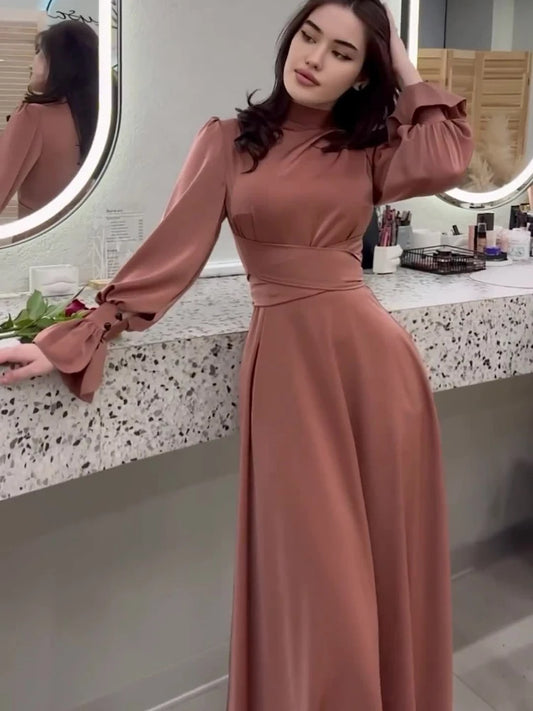 Evening Dresses: Long Dress in Spring Fashion Satin Long Sleeves Elegant Robe Dress