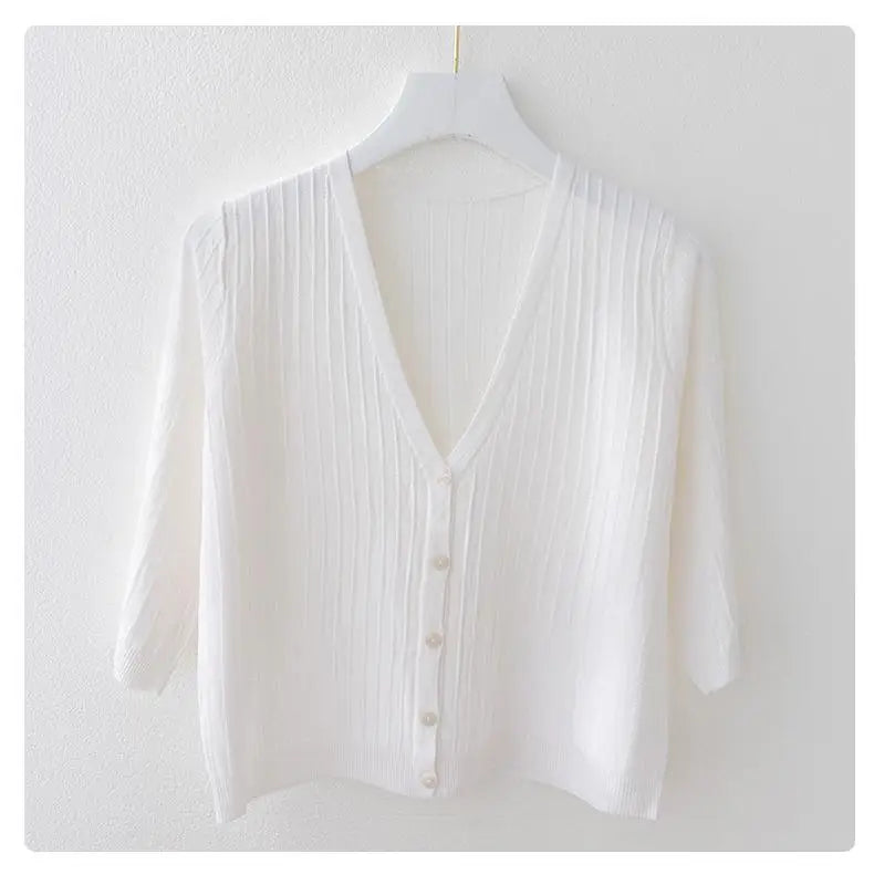 Fashion Women Solid Knitted Sweaters Coats Spring Summer Half Sleeve V-neck