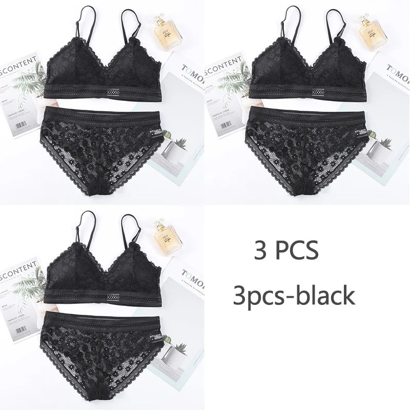 3 Piece Set Bra Lace Beauty Back Suit Underwear Gather Seamless