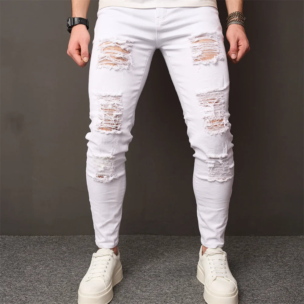 Beggar Jeans Distressed Men's Slim Pencil Denim Pants Male Clothing