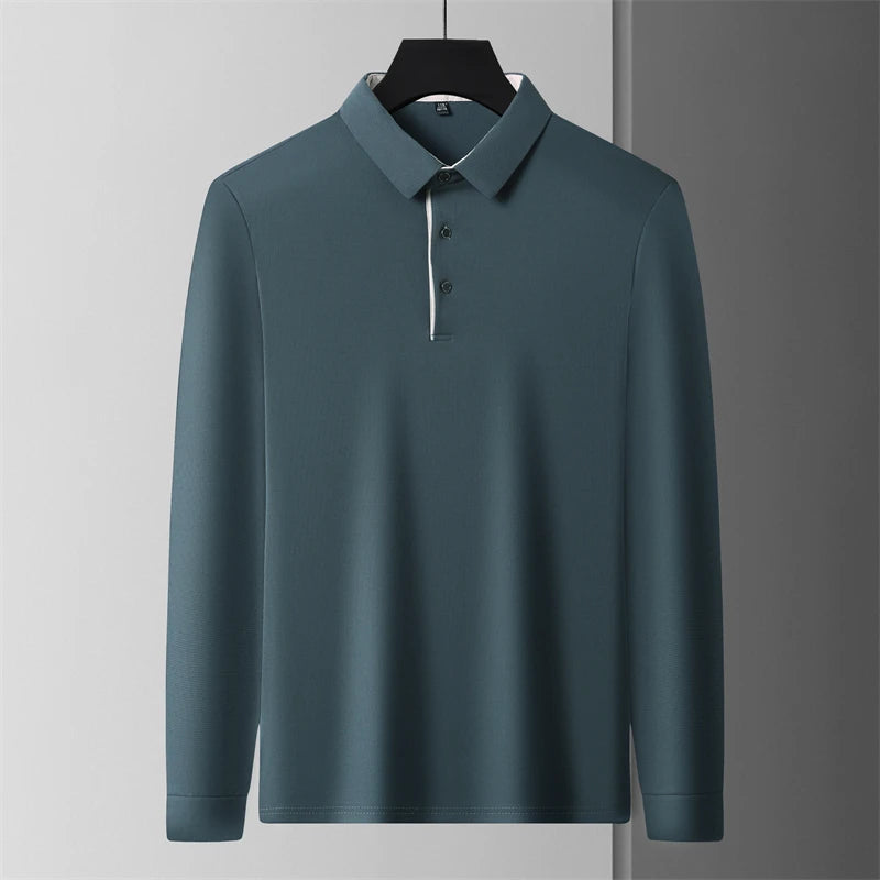 New Men's Business Casual  Long Sleeve Solid Color Polo Shirt Fashionable Warm Comfortable Four Seasons Versatile Top