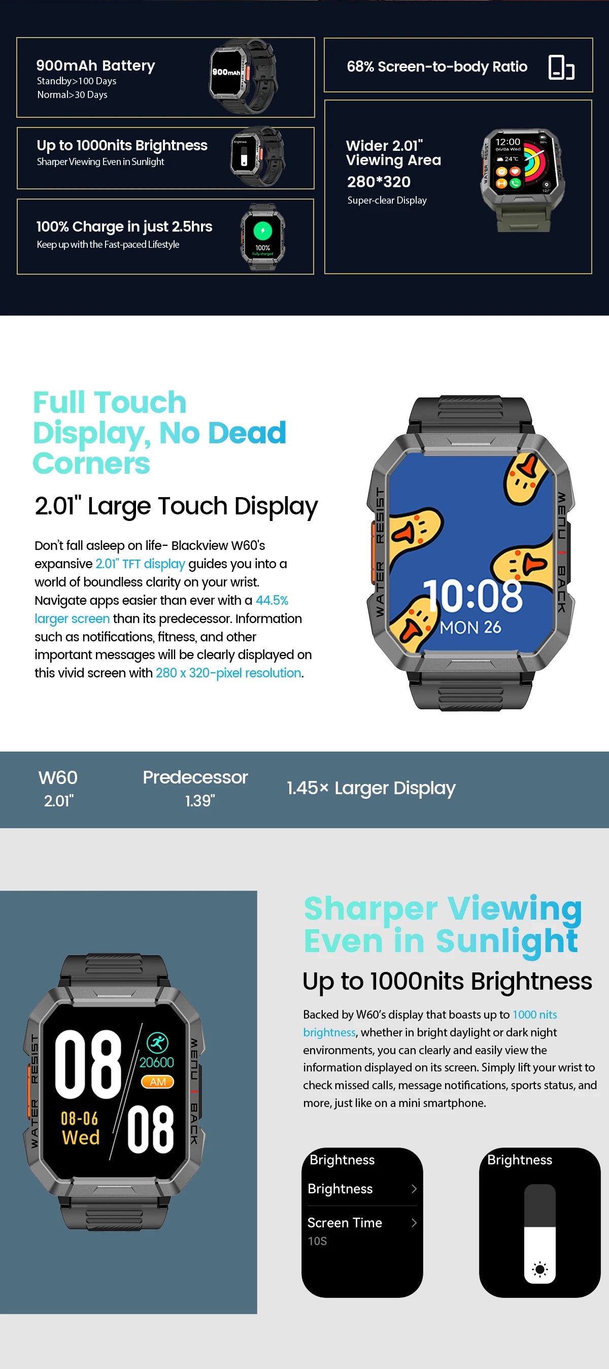 Blackview W60 Smartwatch 2.01'' HD Display TFT Rugged Smart Watch for Outdoor With Emergency Lighting Bluetooth Calling