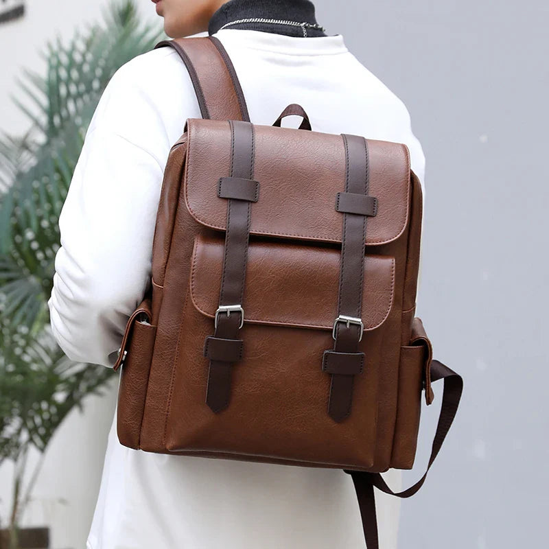 2023 Men Backpack PU Leather Bagpack Large Laptop Backpacks Male Mochilas Black Schoolbag For Teenagers Boys Brown Sac A Dos