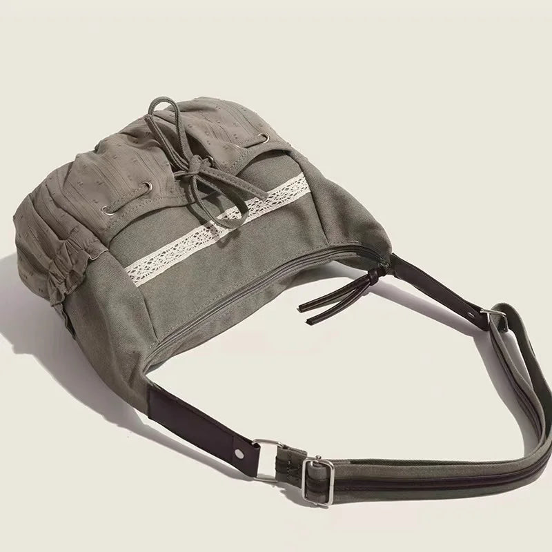 Sweet Cool Bow Canvas Shoulder Bags Women Vintage Drawstring Chic Casual