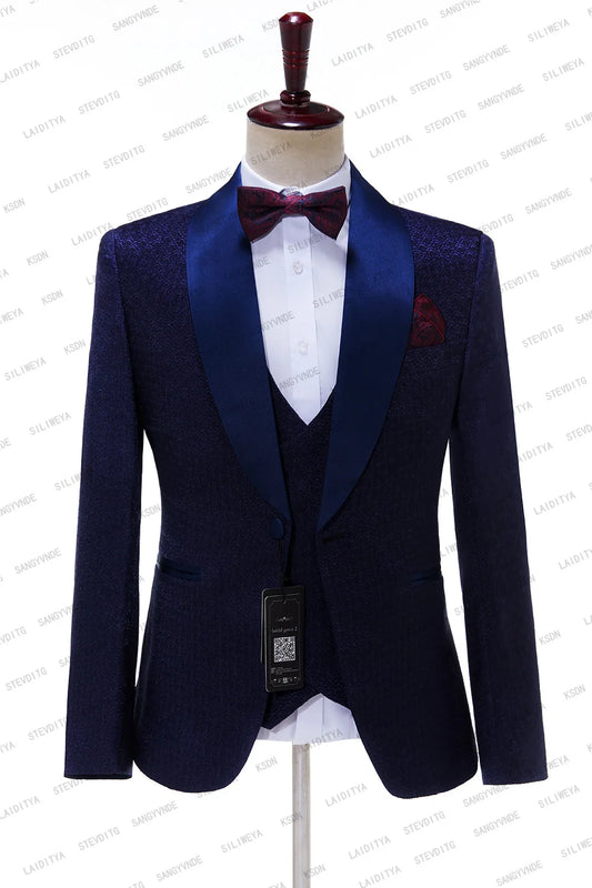 Men Suit Navy Blue Satin Shawl Lapel Suit Male Wedding Groom Slim Fit