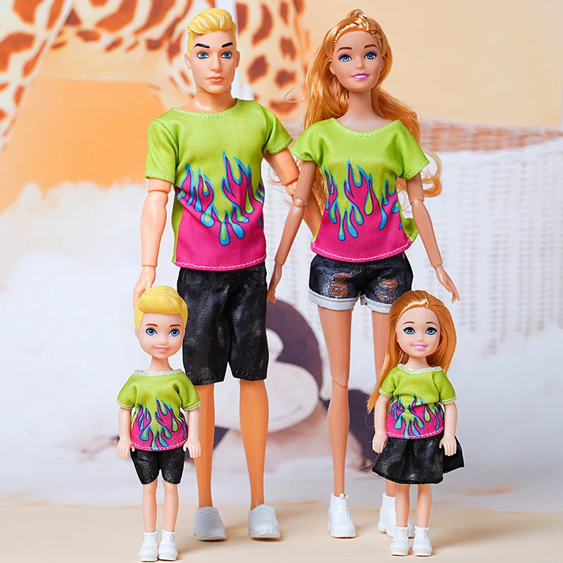 1/6  FamilyDoll Toy Set of 4 People Mom Dad Kids 30cm Barbies Doll Full Set With Clothes for Education Birthday Gift