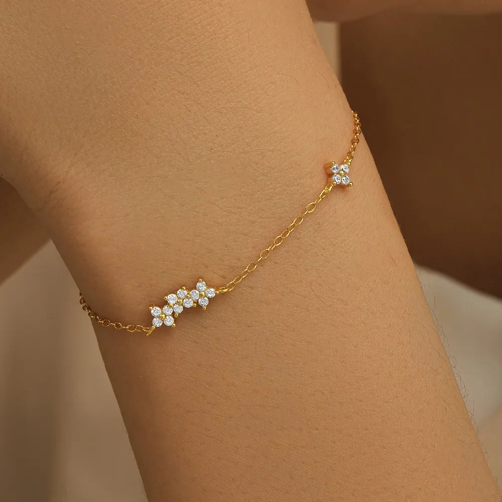 CANNER Real S925 Sterling Silver Mini Zircon Flower Pendant Bracelet Chain for Women's Fine Jewelry Gifts Gold Bracelets Bangles
