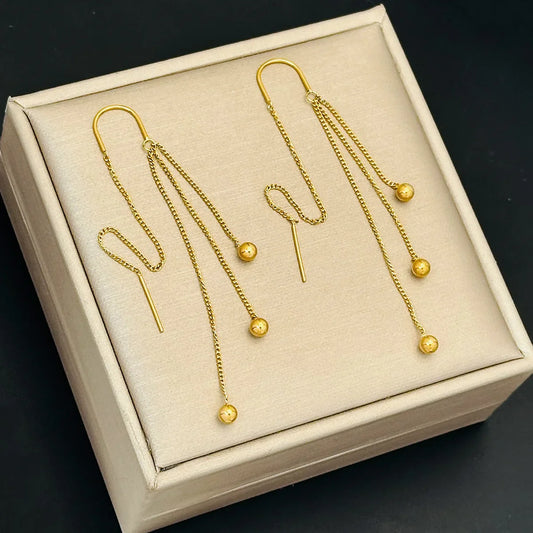 Charm Gold Color Stainless Steel Ball Long Drop Dangle Earrings for Women Exquisite Trendy Bride Ear Line Jewelry Gift Colorfast