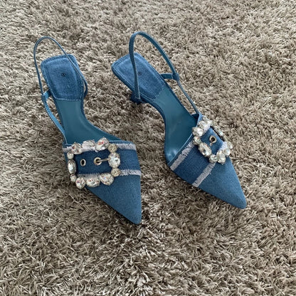 Denim Rhinestone Glitter Women Pumps Wedding Bride Slingback Pointed Toe High Heels Elegant Ladies Shoes