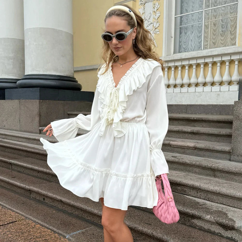 Talenza White Ruffle Bandage Mini Dress Women's Elegant Patchwork Long Sleeve Dress New Slim V Neck Lace Up Summer Mini Dress