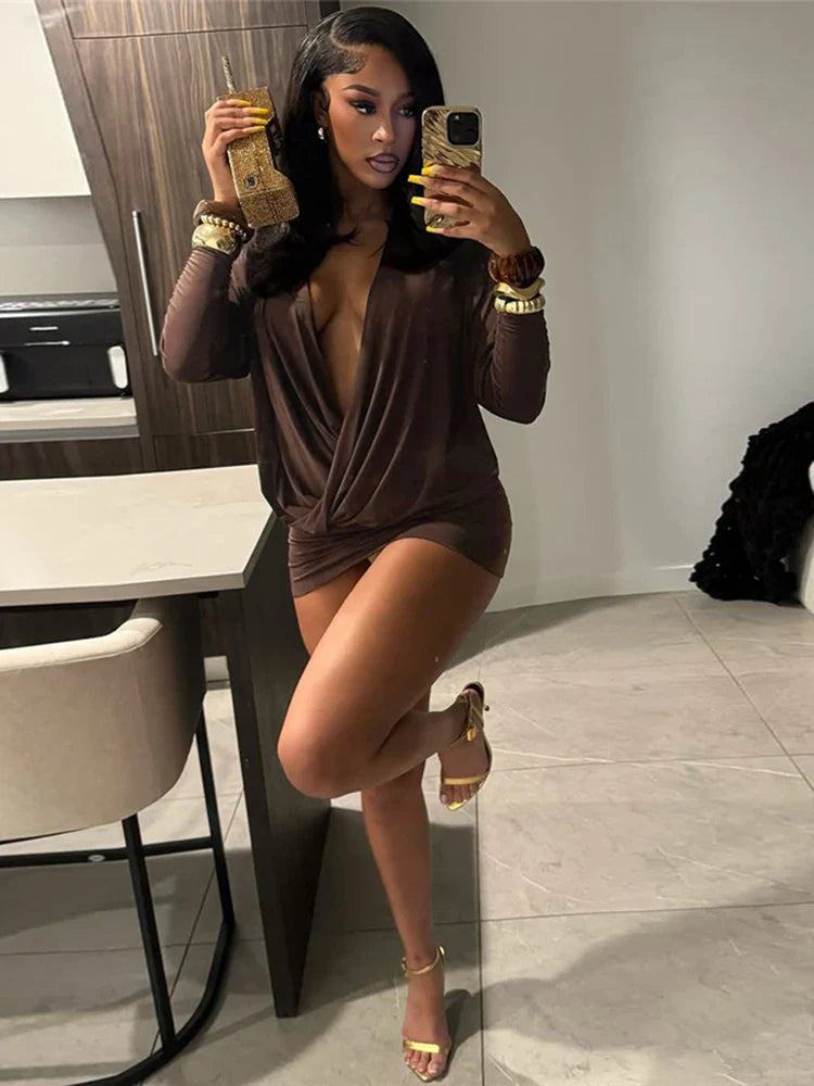 Nibber Cross Deep V-Neck Dress Women Full Sleeve Stretch Solid Midnight Street Clubwear Party Autumn Trend Elegant Mini Bodycon