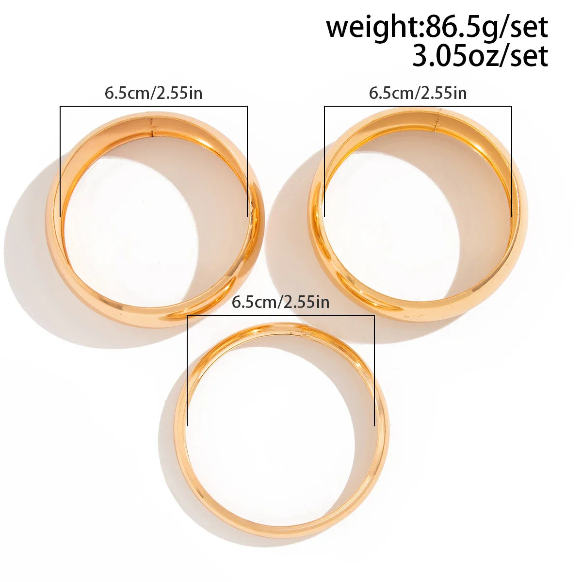 KunJoe 3Pcs/Set Fashion Design Smooth Round Big Bangles for Women Punk Heavy Metal 6.5cm Wide Bracelets Gold Color Hand Jewelry