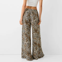 Fashion Vintage Leopard Print Wide-leg Pants Women Casual High-waisted Trouser