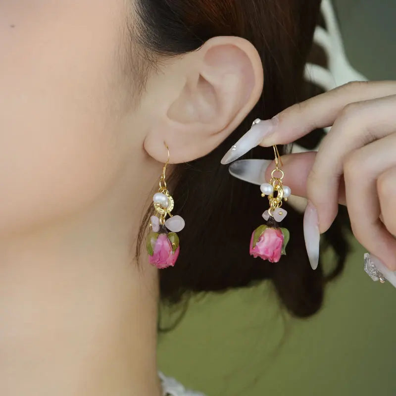 Natural Freshwater Pearl Enamel Resin Flower Earrings Korean Style Women's Luxury Vintage Jewelry Fashion Ladies and Girls Gift