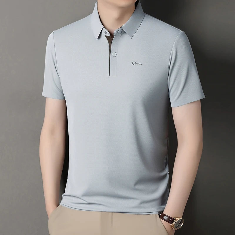Summer seamless ice silk short sleeved T-shirt, polo shirt, flip collar, casual elastic top, breathable thin half sleeve