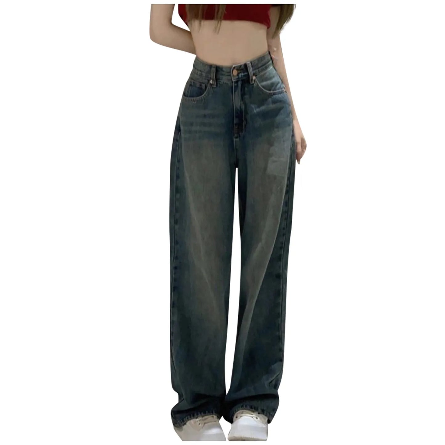 Women Vintage Streetwear Korean Baggy Blue Jeans High Waist Straight Wide Leg Pants