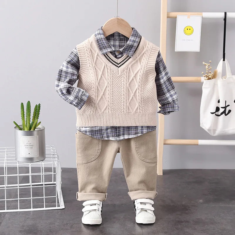 Baby Boys Clothes Suit Children Casual Plaid Shirt Vest Pants 3Pcs/Sets Toddler Cotton Costume Kids Tracksuits