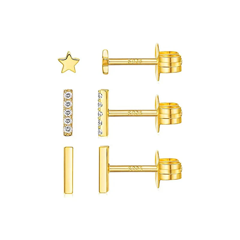 CANNER 3pcs/set Bling Zircon Earring 925 Sterling Silver Cute Mini Heart Star Stud Earrings Ear Bone Earlobe Piercing Jewerly