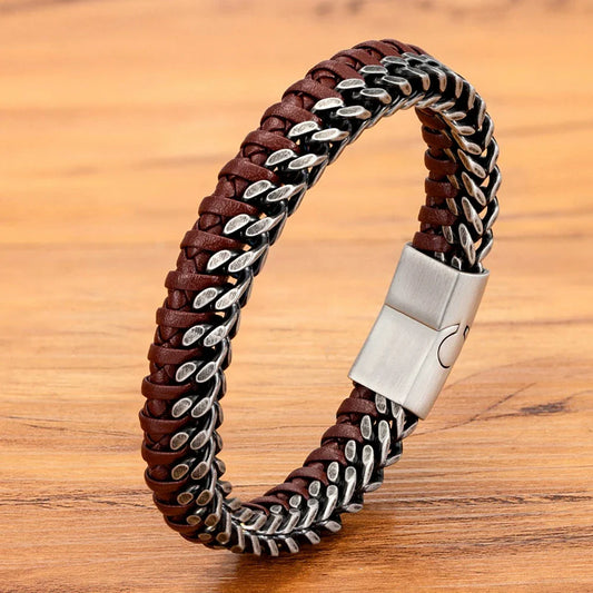 TYO New Fashion Stainless Steel Double Chain Braid Leather Mens Bracelet with Magnetic Buckle Best Gifts Whoesale Dropshipping