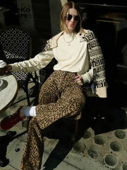 Vintage Leopard Print Women Trousers Loose High Waist Zipper Lady  Wide Leg Pant