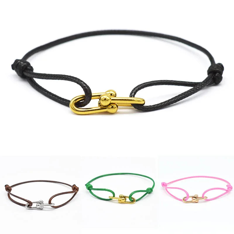 Simple Bamboo Horseshoe Buckle Bracelet Braided Ribbon Adjustable DIY Rope Bracelets Women Men Stainless Steel Jewelry