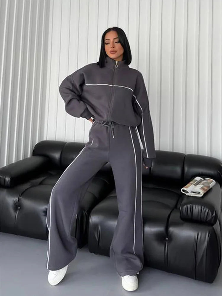 Women's 2 Piece Outfits Lounge Set Oversized Zip Sweatshirt Wide Leg Sweatpant
