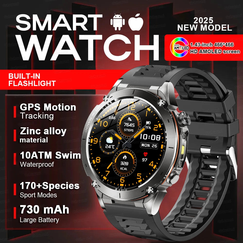 2025 Upgraded New Outdoors Sports Military GPS Smart Watch 10ATM Waterproof 730mAh High Battery Compass NFC HD BT Call Men Watch