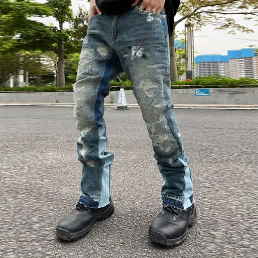 High Street Retro Ink Splash Patchwork Ripped Jeans Flare Pants Men and Women