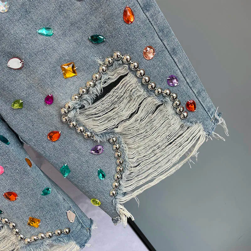Colorful Diamond Studded Nail Bead Ripped Jeans Blue High Waisted Loose Shorts Shiny Fashionable Versatile Casual Trousers