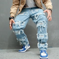 Autumn Stylish Men Ripped Patch Spliced Hip Hop Jeans Streetwear Loose Male