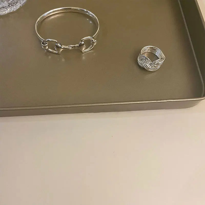 South Korea Dongdaemun Horseshoe Horsebit Buckle Bamboo Simple Buckle Women Bracelet 925 Sterling Silver Thick Heavy Industry