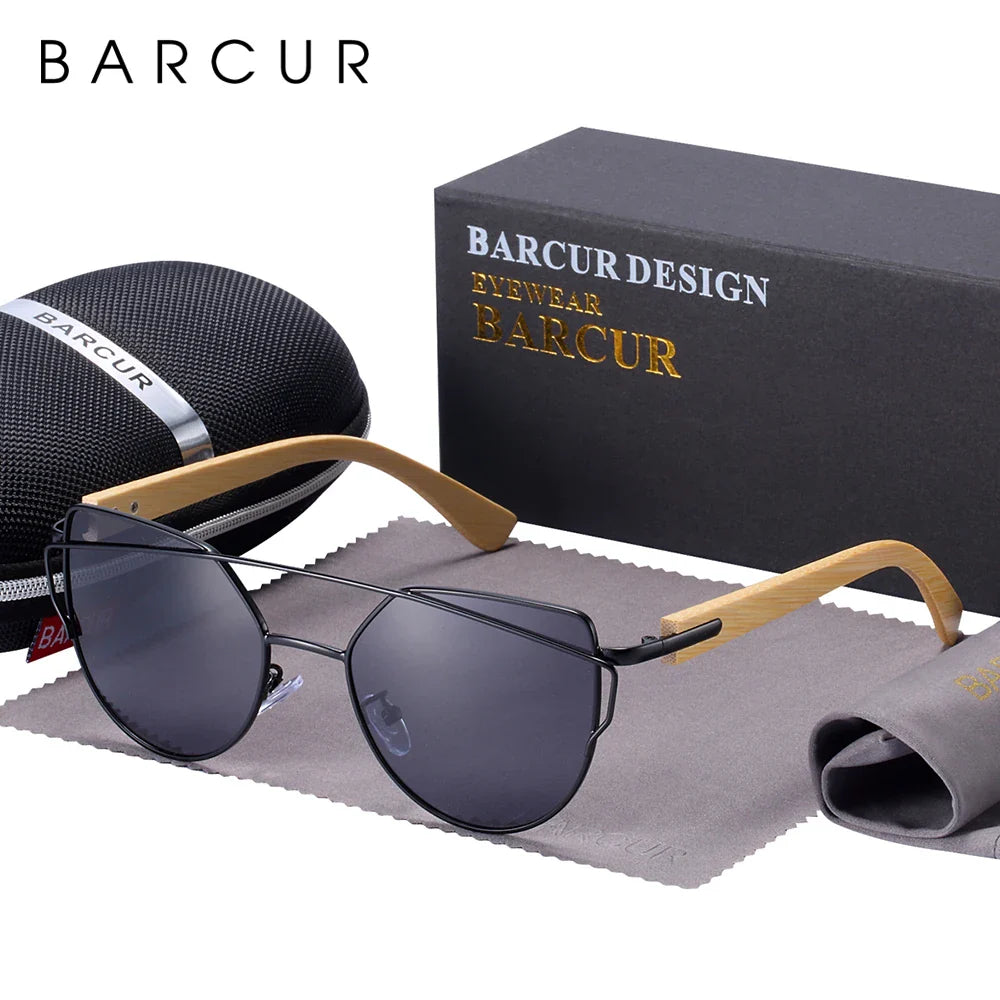 BARCUR Polarized Sunglasses Wood Cat Eye Women Sun Glasses Cat Eye Lady Luxury Fashion Sun Shades With Box Free Eyewear