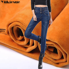 Womens Winter Jeans High Waist Skinny Pants Fleece /no velvet Elastic Waist Jeans