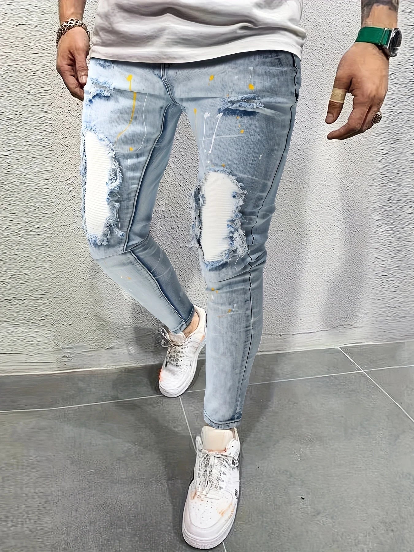 Men's Casual Creative Street Style High Stretch Paint Splatter Ripped