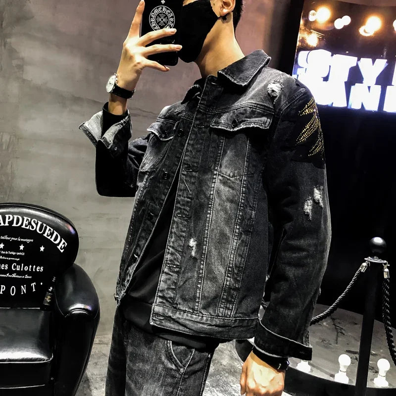 Punk Style Fashion Eagle Embroidered Patch Jean Jacket