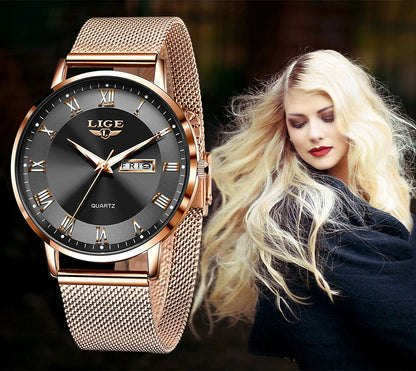 LIGE 2024 New Watch Women Luxury Watches Ladies Creative Steel Women's Bracelet Watches Female Waterproof Clock Relogio Feminino