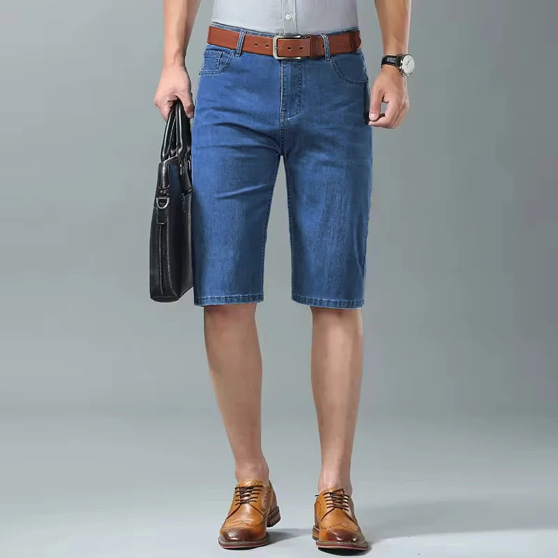 Summer Men Denim Shorts New Style Thin Embroidery Business Casual Straight  Short Jeans Male Brand Clothing Black Blue